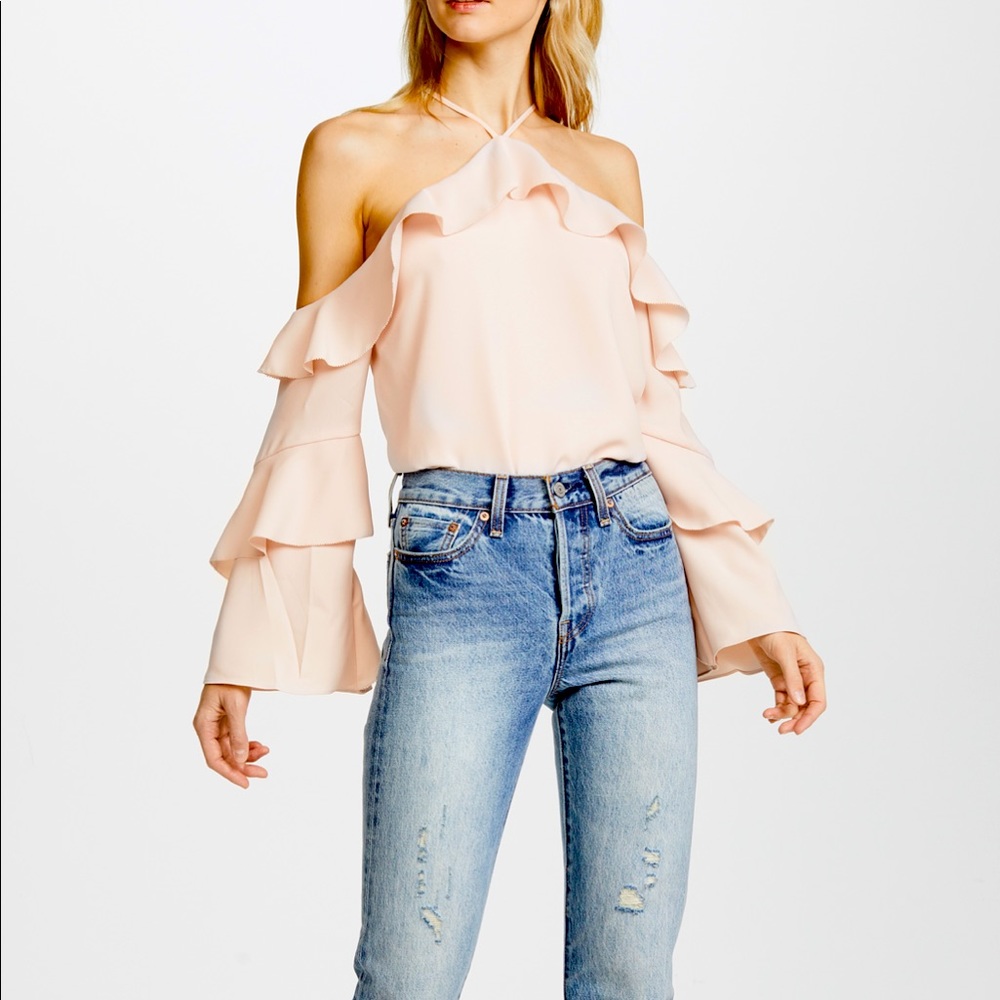 Cooper&Ella Pink Ruffle Cold Shoulder Blouse